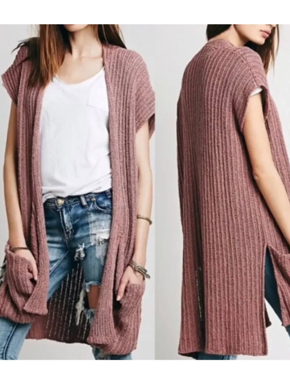 FREE PEOPLE | Mauve Pink Wrap Cardigan Sleeveless Vest Sloppy Pocket | XSmall